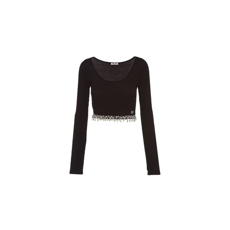 Miu Miu Ribbed Knit Jersey Crop Top In Black 